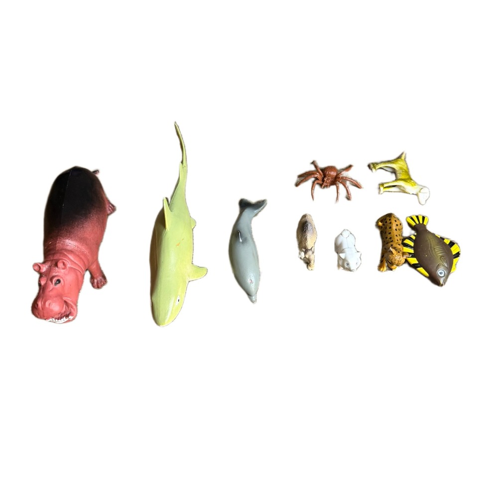 9 Piece Assorted Plastic Animal Toy Lot Hippo Shark Dolphin Spider Camel Leopard
